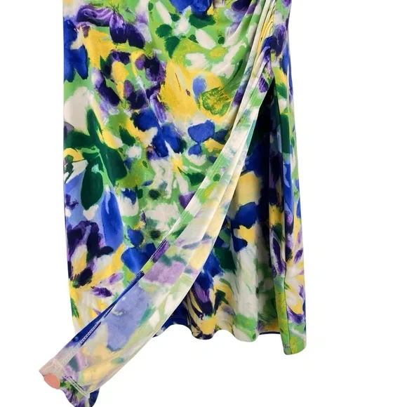 Ralph Lauren Dress Floral Watercolor Green Blue Yellow Ruching Stretch Sz 10 - Picture 6 of 9